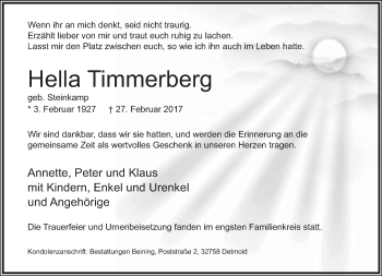 Anzeige  Hella Timmerberg  Lippische Landes-Zeitung
