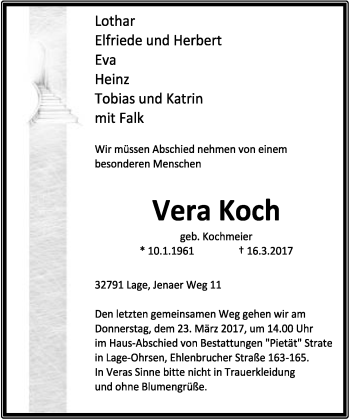 Anzeige  Vera Koch  Lippische Landes-Zeitung