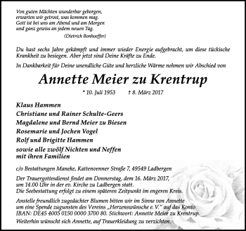 Anzeige  Annette Meier zu Krentrup  Lippische Landes-Zeitung