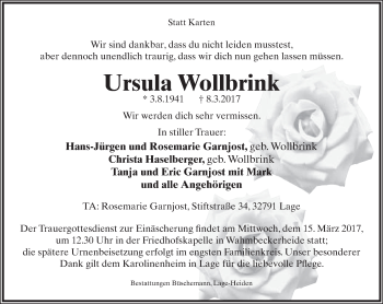 Anzeige  Ursula Wollbrink  Lippische Landes-Zeitung