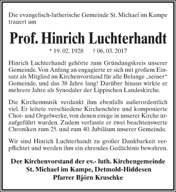 Anzeige  Hinrich Luchterhandt  Lippische Landes-Zeitung