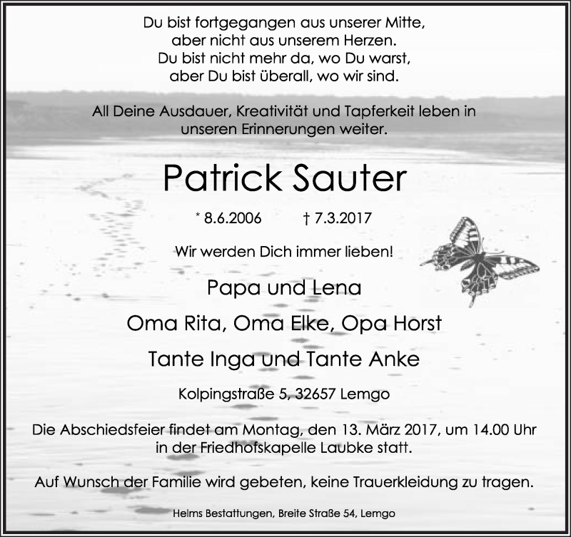  Traueranzeige für Patrick Sauter vom 11.03.2017 aus Lippische Landes-Zeitung