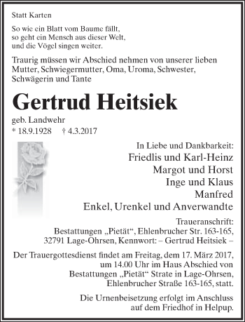 Anzeige  Gertrud Heitsiek  Lippische Landes-Zeitung
