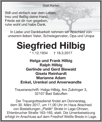 Anzeige  Siegfried Hilbig  Lippische Landes-Zeitung