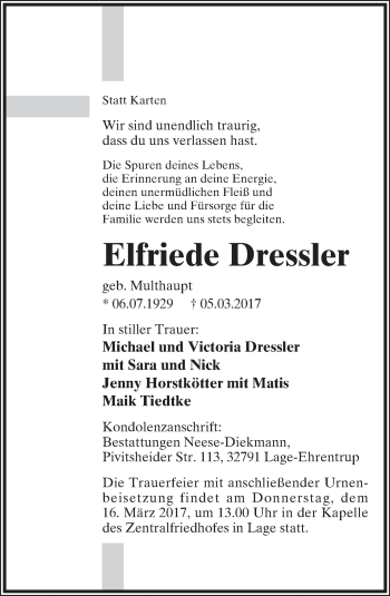 Anzeige  Elfriede Dressler  Lippische Landes-Zeitung