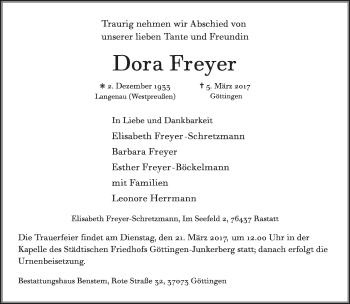 Anzeige  Dora Freyer  Lippische Landes-Zeitung