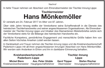 Anzeige  Hans Mönkemöller  Lippische Landes-Zeitung