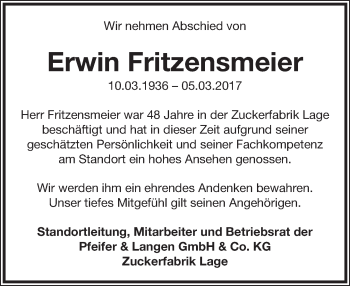 Anzeige  Erwin Fritzensmeier  Lippische Landes-Zeitung
