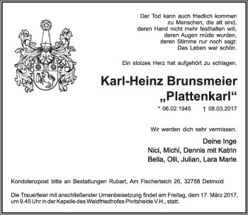 Anzeige  Karl-Heinz Brunsmeier  Lippische Landes-Zeitung