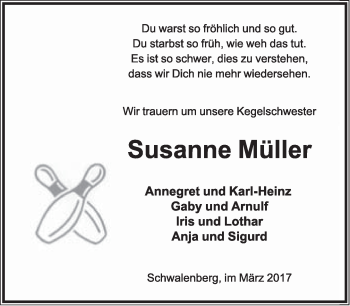 Anzeige  Susanne Müller  Lippische Landes-Zeitung