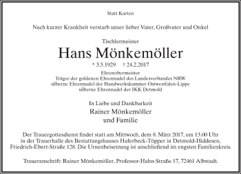 Anzeige  Hans Mönkemöller  Lippische Landes-Zeitung
