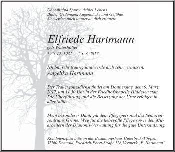 Anzeige  Elfriede Hartmann  Lippische Landes-Zeitung