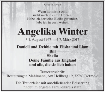 Anzeige  Angelika Winter  Lippische Landes-Zeitung