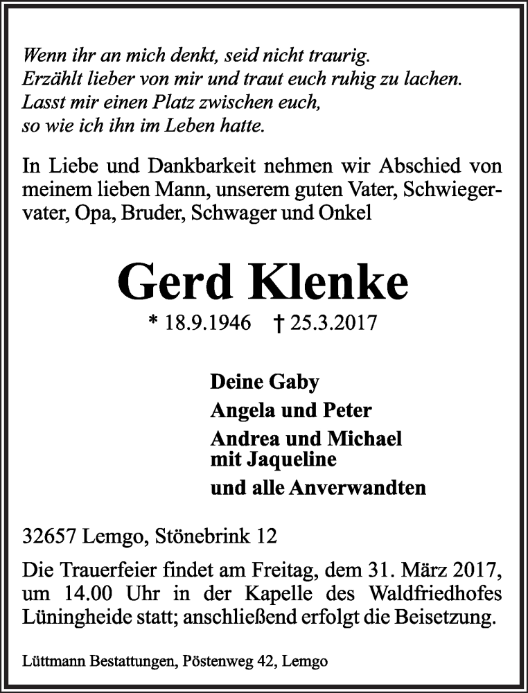  Traueranzeige für Gerd Klenke vom 28.03.2017 aus Lippische Landes-Zeitung