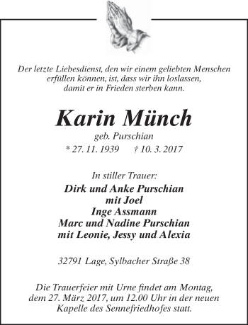 Anzeige  Karin Münch  Lippische Landes-Zeitung