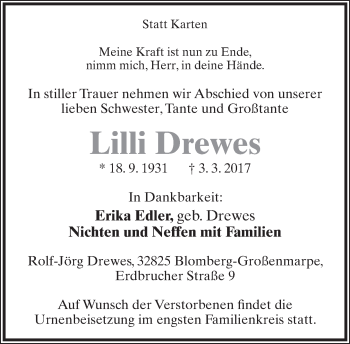 Anzeige  Lilly Drewes  Lippische Landes-Zeitung