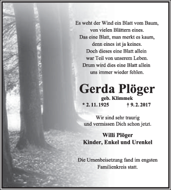 Anzeige  Gerda Plöger  Lippische Landes-Zeitung
