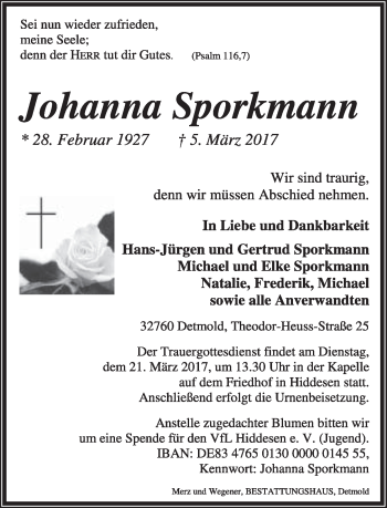 Anzeige  Johanna Sporkmann  Lippische Landes-Zeitung