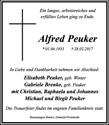 Anzeige  Alfred Peuker  Lippische Landes-Zeitung