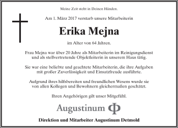 Anzeige  Erika Mejna  Lippische Landes-Zeitung