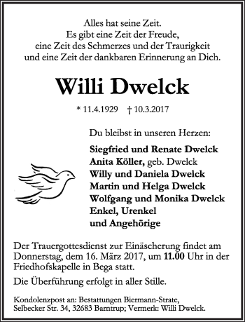 Anzeige  Willi Dwelck  Lippische Landes-Zeitung