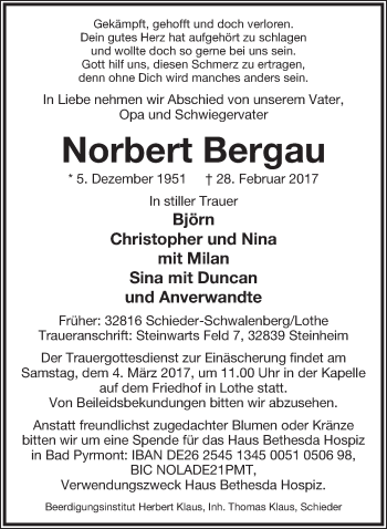 Anzeige  Norbert Bergau  Lippische Landes-Zeitung