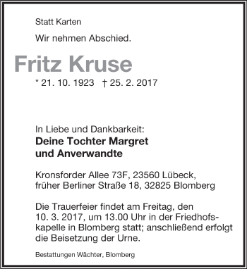 Anzeige  Fritz Kruse  Lippische Landes-Zeitung