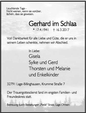 Anzeige  Gerhard im Schlaa  Lippische Landes-Zeitung