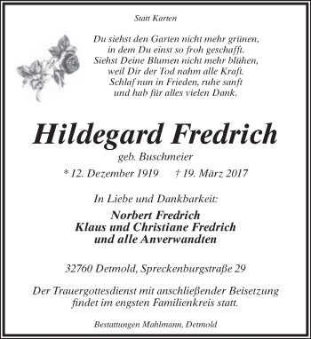 Anzeige  Hildegard Fredrich  Lippische Landes-Zeitung
