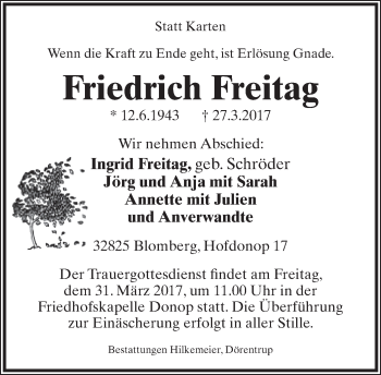 Anzeige  Friedrich Freitag  Lippische Landes-Zeitung