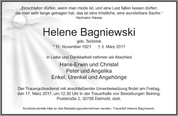 Anzeige  Helene Bagniewski  Lippische Landes-Zeitung