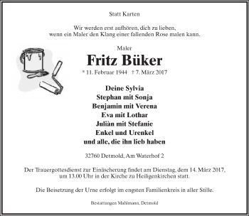 Anzeige  Fritz Büker  Lippische Landes-Zeitung