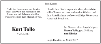 Anzeige  Kurt Tolle  Lippische Landes-Zeitung