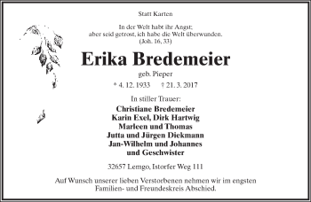 Anzeige  Erika Bredemeier  Lippische Landes-Zeitung