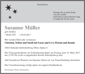 Anzeige  Susanne Müller  Lippische Landes-Zeitung