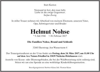 Anzeige  Helmut Nohse  Lippische Landes-Zeitung