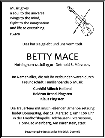 Anzeige  Betty Mace  Lippische Landes-Zeitung