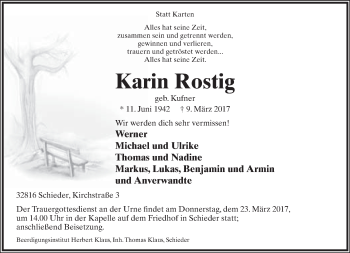 Anzeige  Karin Rostig  Lippische Landes-Zeitung