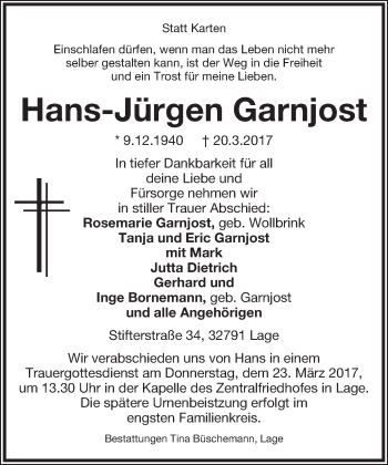 Anzeige  Hans-Jürgen Garnjost  Lippische Landes-Zeitung