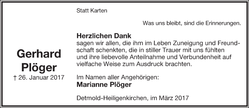 Traueranzeige für Gerhard Plöger vom 18.03.2017 aus Lippische Landes-Zeitung