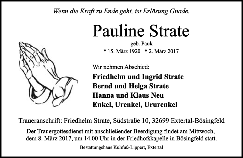  Traueranzeige für Pauline Strate vom 04.03.2017 aus Lippische Landes-Zeitung