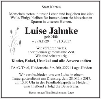 Anzeige  Luise Jahnke  Lippische Landes-Zeitung