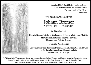 Anzeige  Johann Bremer  Lippische Landes-Zeitung
