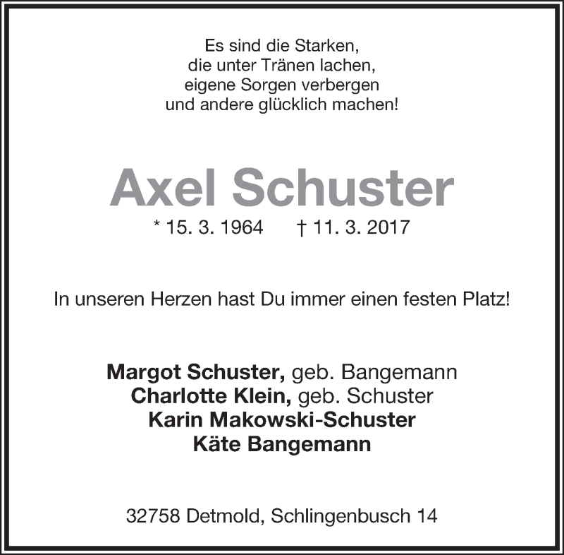  Traueranzeige für Axel Schuster vom 18.03.2017 aus Lippische Landes-Zeitung