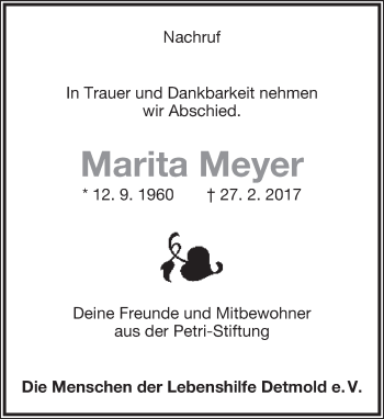 Anzeige  Marita Meyer  Lippische Landes-Zeitung