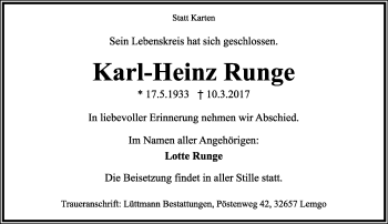 Anzeige  Karl-Heinz Runge  Lippische Landes-Zeitung
