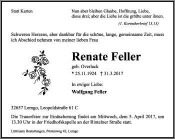Anzeige  Renate Feller  Lippische Landes-Zeitung