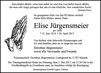 Anzeige  Elise Jürgensmeier  Lippische Landes-Zeitung
