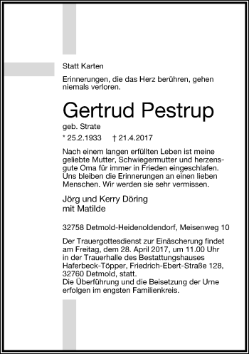 Anzeige  Gertrud Pestrup  Lippische Landes-Zeitung