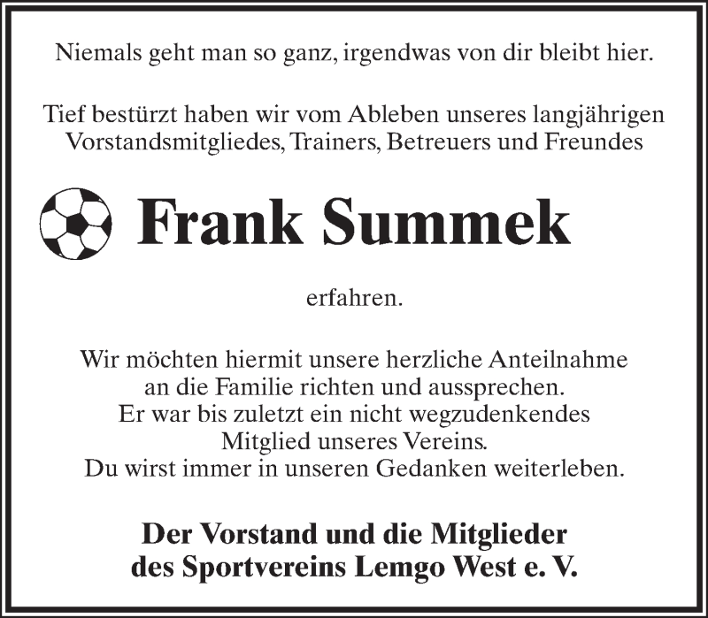 Traueranzeige für Frank Summek vom 26.04.2017 aus Lippische Landes-Zeitung